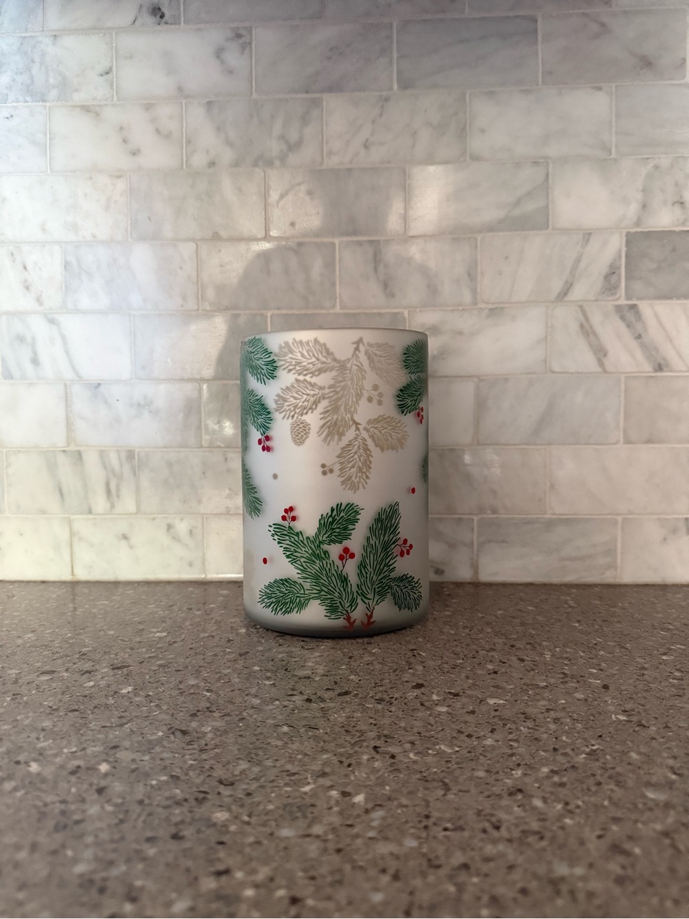 Yankee Candle Frosted White Glass Holder with Green Pine & Red Berry Motif